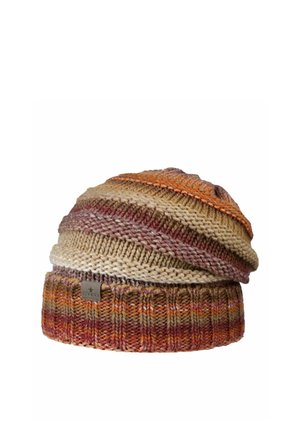 Multicolored knitted beanie hat with folded ribbed brim in shades of orange, brown, beige, and purple, featuring a small rectangular brand tag.