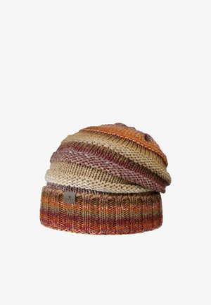 Multicolored knitted beanie hat with folded ribbed brim in shades of orange, brown, beige, and purple, featuring a small rectangular brand tag.