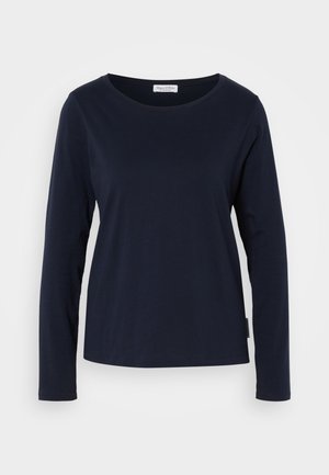 T-shirt à manches longues bleu marine en coton doux, avec un col rond et un ourlet droit, doté de peu de détails.