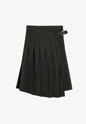 Grijze geplooide rok van gestructureerde stof, met een zijgespelde detail en een rechte zoom.