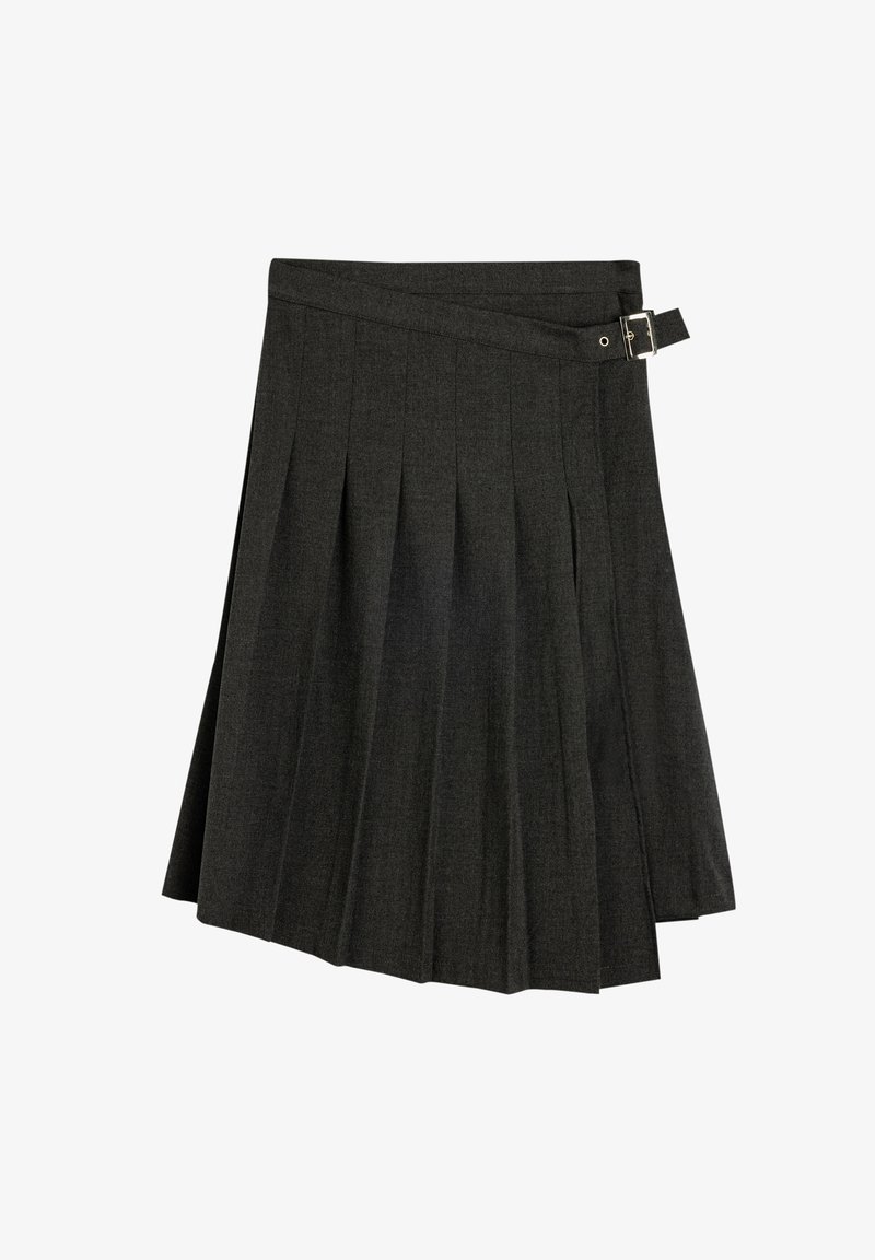 Grauer gefalteter Rock aus strukturiertem Stoff, mit seitlichem Schnallendetail und geradem Saum.