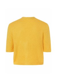Gelber gestrickter Pullover mit kurzen Ärmeln, texturiertem Muster, runder Ausschnitt und lässiger Passform, mit einem gerippten Saum.
