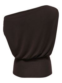 Haut noir asymétrique sans manches avec une partie supérieure ample et drapée et une taille ajustée.