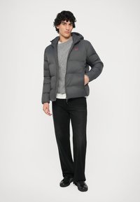 Jachetă pufos gri cu glugă, design matlasat, fermoar pe față și logo pe piept. Asortată cu un pulover gri tricotat în model de cablu și pantaloni negri.