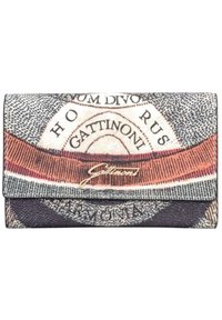 Vouwportemonnee met kleurrijke geprinte patronen, een leerachtige textuur en een goudkleurige logo-accent. Compacte rechthoekige vorm.