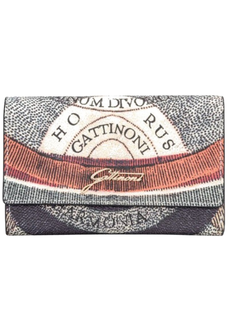 Vouwportemonnee met kleurrijke geprinte patronen, een leerachtige textuur en een goudkleurige logo-accent. Compacte rechthoekige vorm.