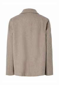 Beež villasegu mantel, herringbone tekstuur, kohandatud disain, sälgukoht, pikad varrukad ning sirge lõikega hemline taga.