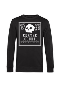 Černá košile s dlouhým rukávem se bílou grafikou lebky nad textem "CENTRE COURT" a "RACKET CLUB" uvnitř bílé čtvercové rámu.