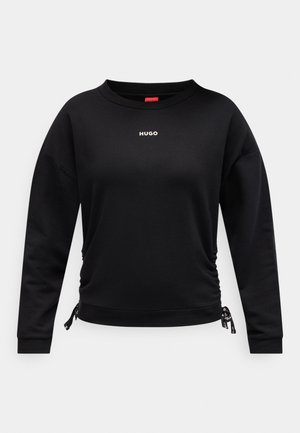 Sweatshirt preta com decote redondo, apresenta um logótipo "HUGO" branco no peito e franzidos laterais ajustáveis com detalhes em metal.