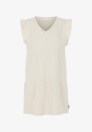 Robe crème à manches courtes à volants, décolleté en V et design échelonné, présentant un motif texturé et une petite étiquette avec logo.