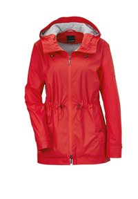 Rote wasserdichte Jacke mit verstellbarem Taillenbund, Kapuze und grauem Innenfutter. Verfügt über einen vorderen Reißverschluss und zwei seitliche Taschen. Glatte Textur.