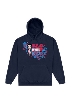 Navyblaue Hoodie mit einer Fronttasche, die ein grafisches Design eines Cartoon-Charakters und den Text "ROT WEISS & BOOP" in Rot und Blau zeigt.