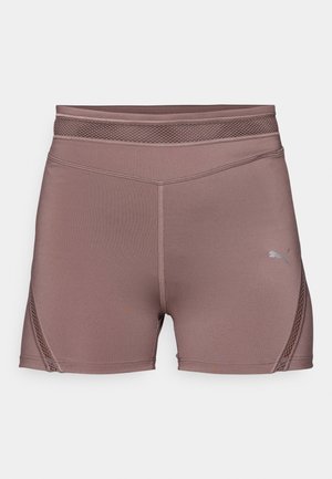 Spodenki sportowe w kolorze mauve, wykonane z elastycznego materiału. Posiadają siateczkowe akcenty po bokach oraz wysoki pas. Logo PUMA na dolnej przedniej części.