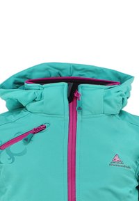 Veste teal avec un col haut, fermeture éclair violette et accents. Présente un design en relief et deux poches zippées à l'avant.
