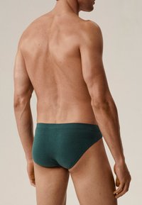 Zielone bawełniane majtki o gładkiej fakturze, niskim kroju, minimalistycznym stylu i elastycznym pasie widocznym z tyłu.
