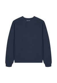 Sweatshirt en coton bleu marine à manches longues, à col rond et avec des poignets et un ourlet côtelés. Design simple, sans motifs ni graphiques visibles.