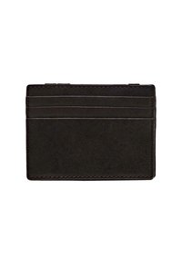 Black leather cardholder with four card slots, smooth texture, and contrasting stitching detail along the edges. Compact rectangular design.