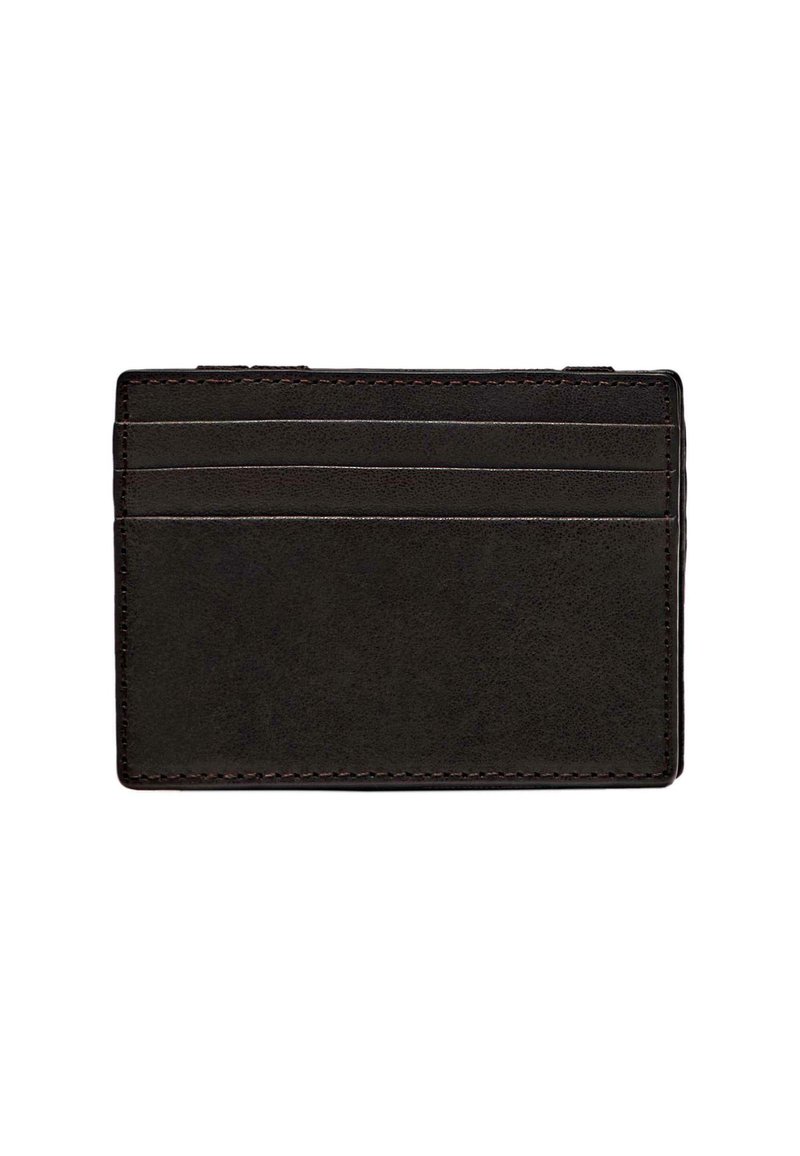 Black leather cardholder with four card slots, smooth texture, and contrasting stitching detail along the edges. Compact rectangular design.