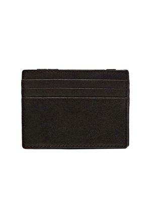Zwarte leren kaarthouder met vier kaartsleuven, gladde textuur en contrasterende stiksels langs de randen. Compact rechthoekig ontwerp.