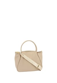 Borsa beige realizzata in materiale liscio; presenta manici rotondi, una tracolla rimovibile con logo e una chiusura a zip nella parte superiore.