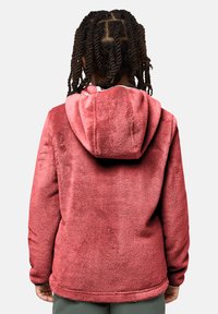 Red, soft, fleece hoodie with a hood, textured surface, and a relaxed fit, viewed from the back. No visible branding or patterns.