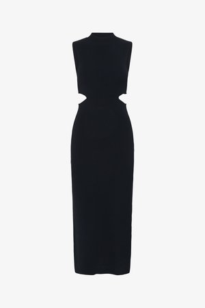 Ärmelloses schwarzes Maxikleid mit hohem Kragen und symmetrischen Ausschnittdetails an der Taille auf beiden Seiten.