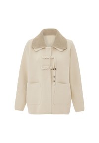 Beige villa sekoituksella oleva takki, jossa on ribattu kaulus, soljet ja kaksi etutaskua, pehmeällä kangassivulla ja rennolla leikkauksella.