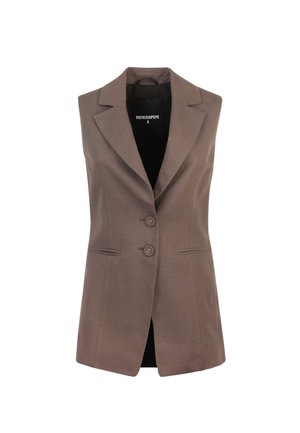 Blazer senza maniche marrone con colletto affilato, due bottoni frontali e tasche laterali. Realizzato in tessuto liscio con una vestibilità sartoriale.