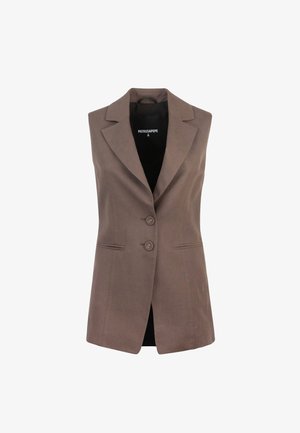 Blazer senza maniche marrone con colletto affilato, due bottoni frontali e tasche laterali. Realizzato in tessuto liscio con una vestibilità sartoriale.