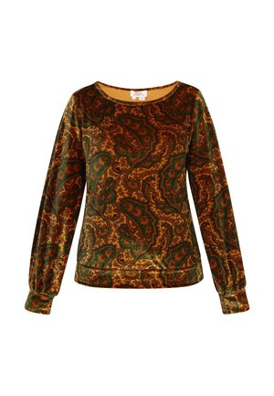 Hosszú ujjú felső paisley mintával, narancssárga, zöld és arany árnyalatokban. Puha anyag, kerek nyakkivágással és rugalmas mandzsettákkal.
