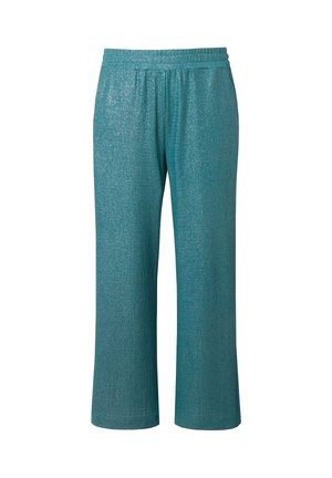 Pantalones de pierna ancha en color azul verdoso, hechos de una tela texturizada y brillante, con una cinturilla elástica y sin bolsillos visibles.