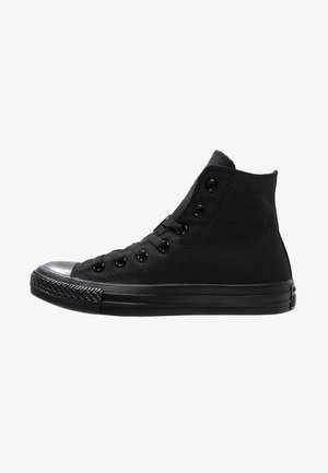 Sneaker alta in tela nera con suola in gomma nera, punta rinforzata e occhielli metallici per i lacci, mostrata in profilo laterale su sfondo bianco.