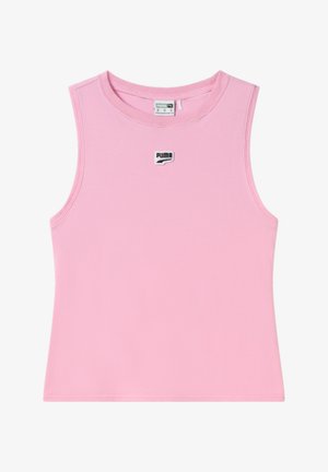Top sin mangas de color rosa, hecho de una tela suave, que presenta un escote redondo y un pequeño logo de Puma en blanco y negro en el pecho.