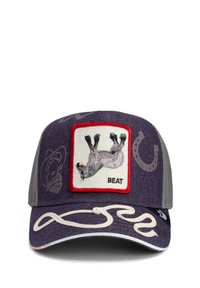 Purple denim cap with gray mesh back, features a sloth patch labeled "BEAT," and a white embroidered design on the brim.
