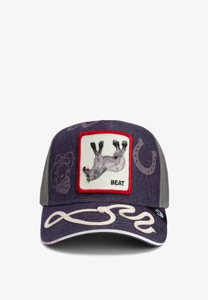Purple denim cap with gray mesh back, features a sloth patch labeled "BEAT," and a white embroidered design on the brim.