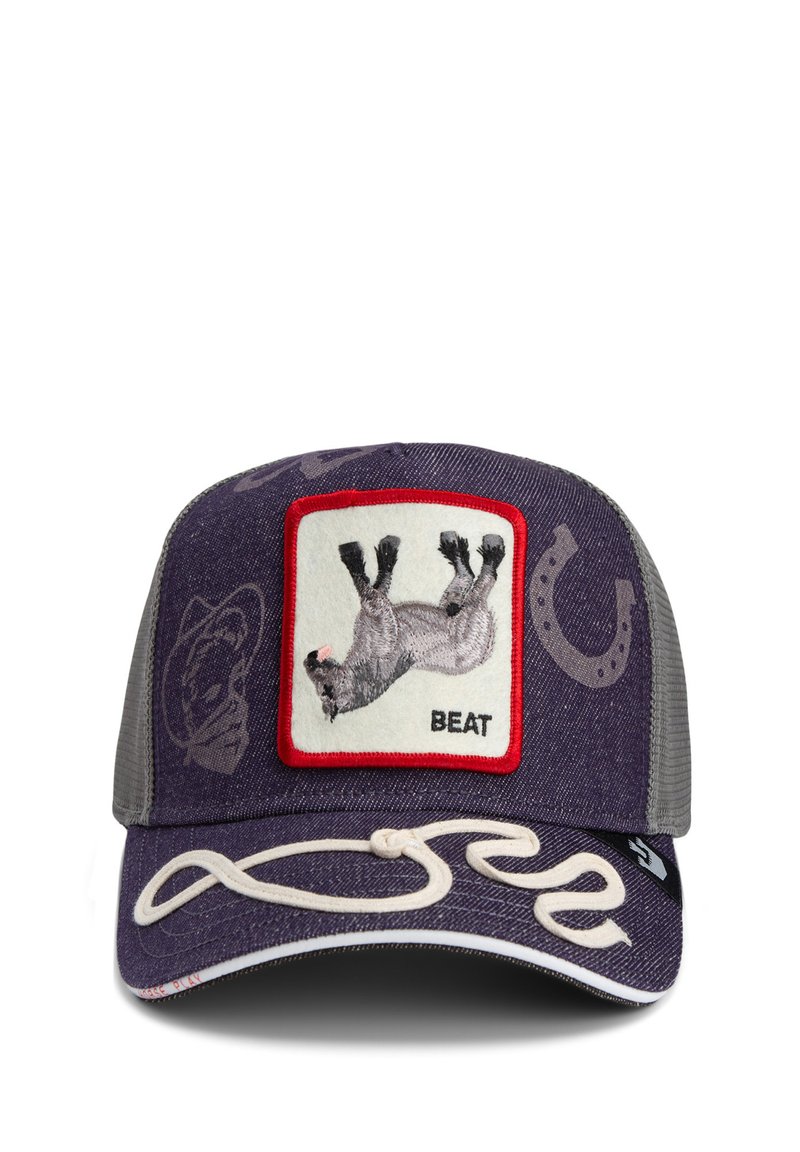 Lila Denim-Cap mit grauem Netzrücken, ausgestattet mit einem Faultier-Patch, auf dem "BEAT" steht, und einem weißen gestickten Design auf dem Schirm.