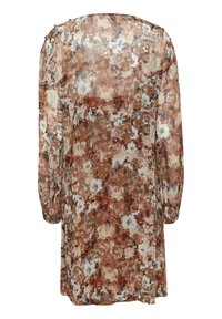 Robe à manches longues avec un motif floral abstrait dans des tons de marron, beige, blanc et bleu atténué, vue de dos.