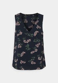 Mörkblå ärmlös blus med V-hals, dekorerad med rosa blommor och gröna bladmönster.