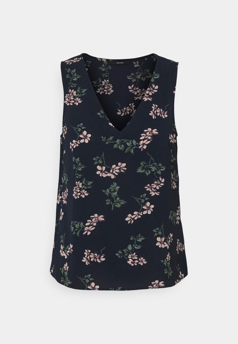 Mörkblå ärmlös blus med V-hals, dekorerad med rosa blommor och gröna bladmönster.