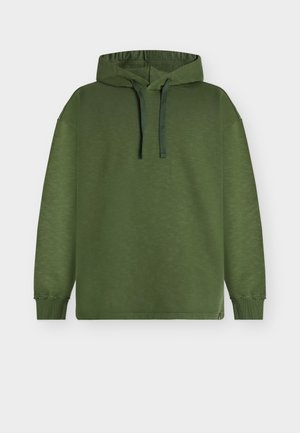 Grüner Kapuzenpullover aus strukturiertem Stoff mit überschnittenen Schultern und Kordelzug an der Kapuze. Rippbündchen an den Ärmeln und am Saum runden das Design ab.