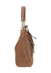 Braune Wildlederhandtasche mit einer strukturierten, dreieckigen Form. Mit goldfarbener Hardware, einem abnehmbaren Tragegurt und einem Reißverschluss-Detail.