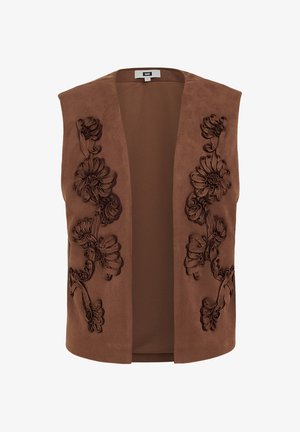 Rjava semiš brezrokavnik z okrasnimi cvetličnimi aplikacijami na robovih, s sprednjim odprtim dizajnom, brez rokavov in z gladko notranjo podlogo.