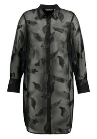 Zwarte doorschijnende shirtjurk met een kraag, voorzien van een bladenpatroon in donkergrijze draad, knoopsluiting aan de voorkant, lange mouwen en een losse pasvorm.