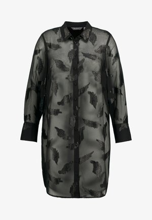 Musta läpikuultava paita-mekko, jossa on kaulus, tummaan harmaaseen lankaan kudottu lehväkuvio, napit edessä, pitkät hihat ja väljä istuvuus.