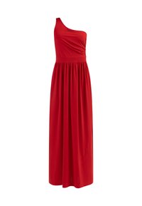 Abito maxi rosso a spalla unica con corpino drappeggiato e vita aderente. Realizzato in tessuto morbido con gonna fluida. Senza pattern o accentuazioni visibili.