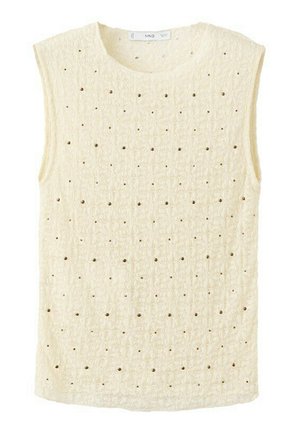 Top senza maniche in maglia color crema con motivo a quadrati testurizzati e piccoli fori distribuiti uniformemente su tutto il tessuto.