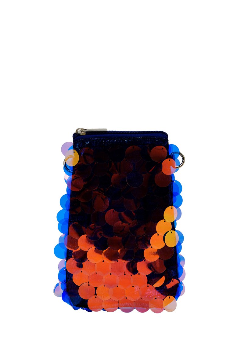 En dragkedjefodral pryds med cirkulära paljetter i gradientnyanser av orange till blått, med en mörk bas och en silverfärgad hårdvaruaccent.