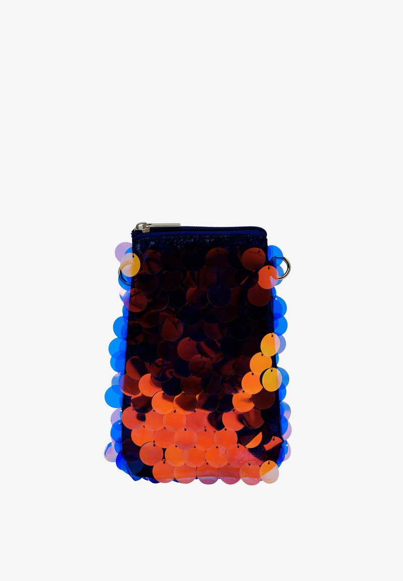 Kapsička na zip má kulaté flitry v gradientních odstínech od oranžové po modrou, s tmavým podkladem a stříbrným kovovým akcentem.