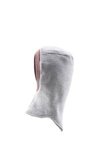 Gestrickte Balaklava in Grau mit einer weichen grauen Außenseite und einem gerippten rosa Innenfutter. Verfügt über eine abgerundete Form und einen verlängerten Nacken für zusätzlichen Schutz.