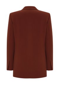 Bruine blazer van soepel materiaal, met een gekleed kraag, lange mouwen en zijsplitten voor een op maat gemaakte uitstraling. Alleen achterkant zichtbaar.